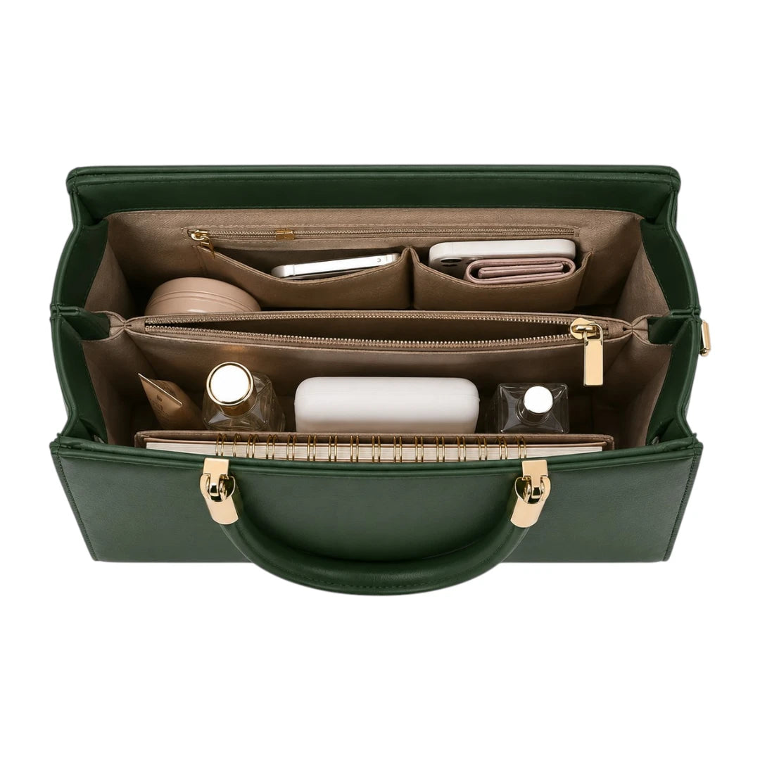 Elveya Luxe Structured Green Faux Leather Satchel Handbag